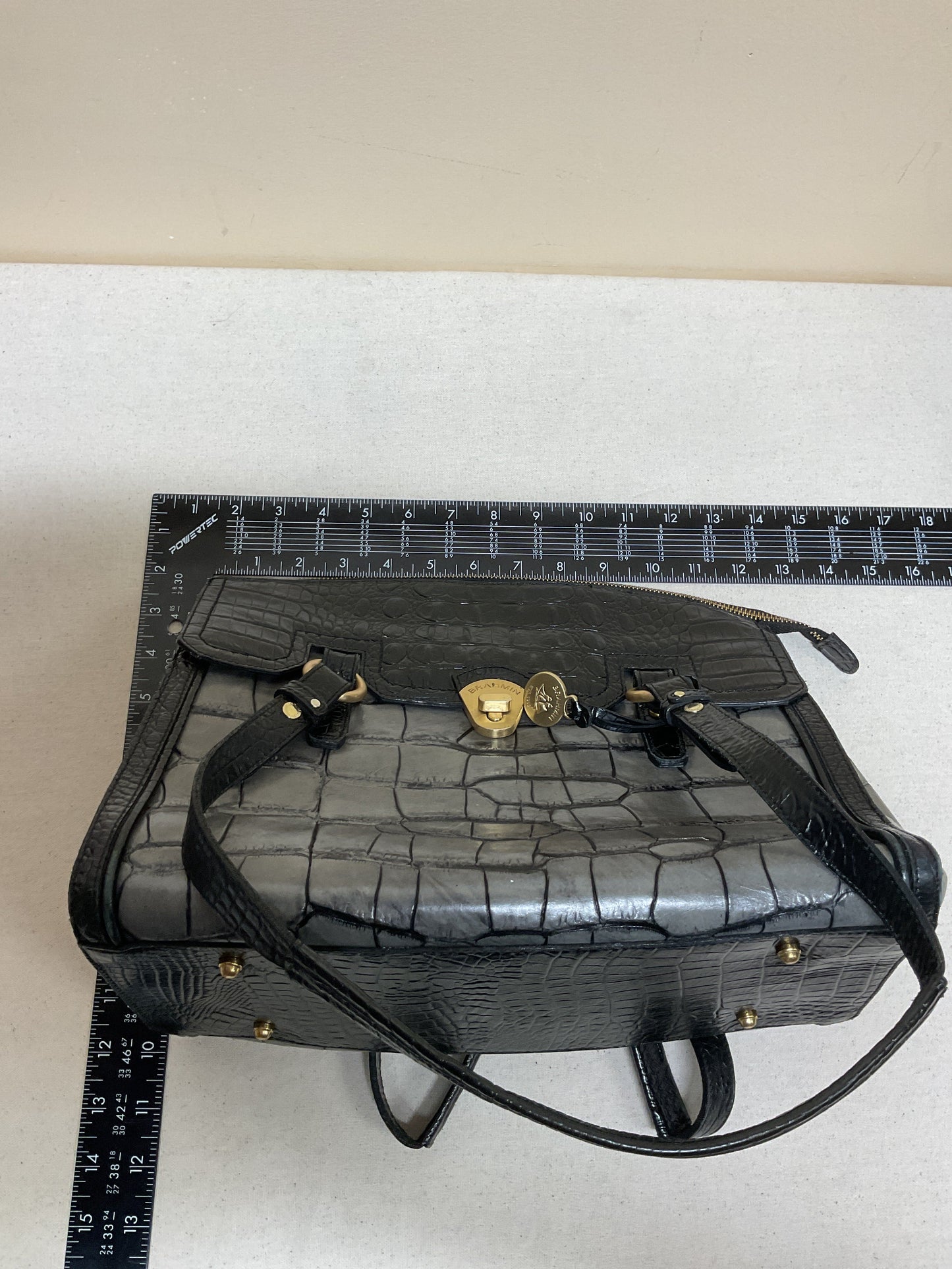 Handbag Designer By Brahmin In Black & Grey, Size:Medium