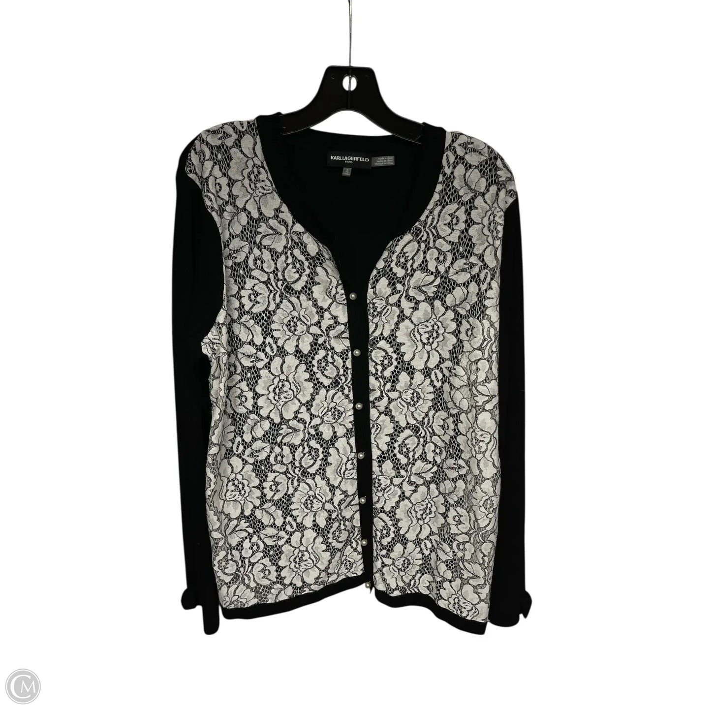 Sweater Cardigan Designer By Karl Lagerfeld In Black & White, Size: Xl