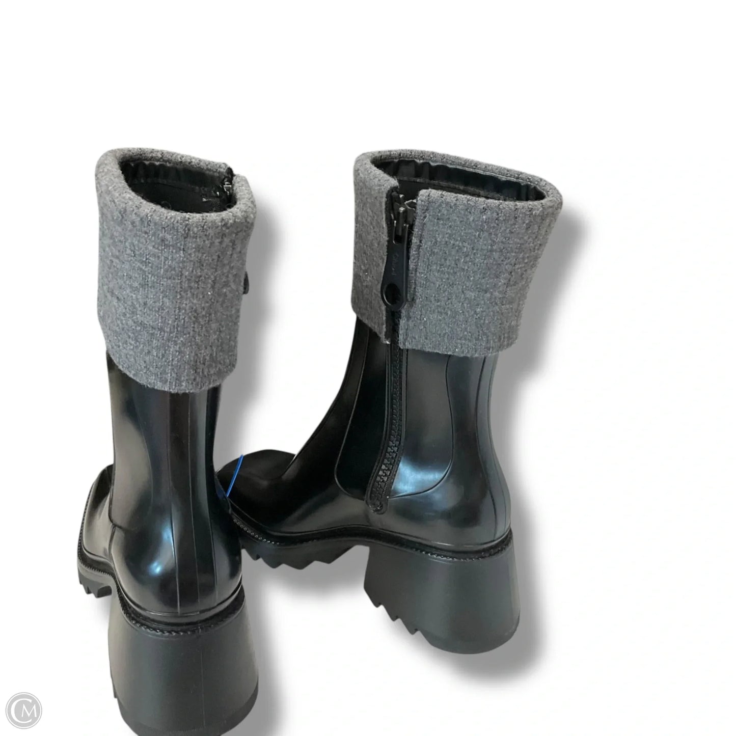 Boots Luxury Designer By Chloe In Black & Grey, Size: 6.5