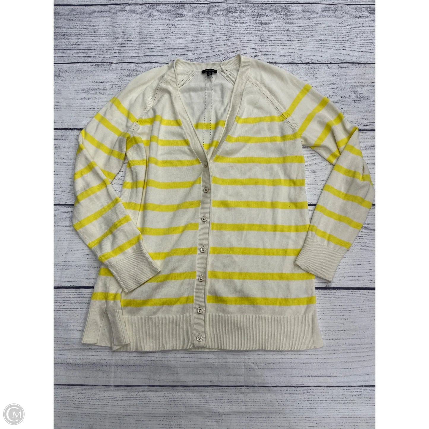 Sweater Cardigan By Talbots In White & Yellow, Size: S