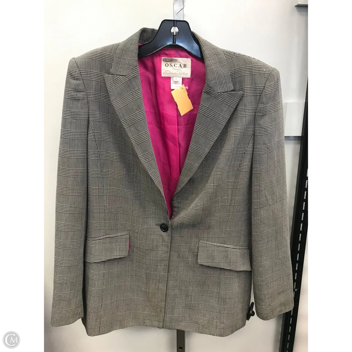 Blazer Luxury Designer By Oscar De La Renta In Black & Cream, Size: 6