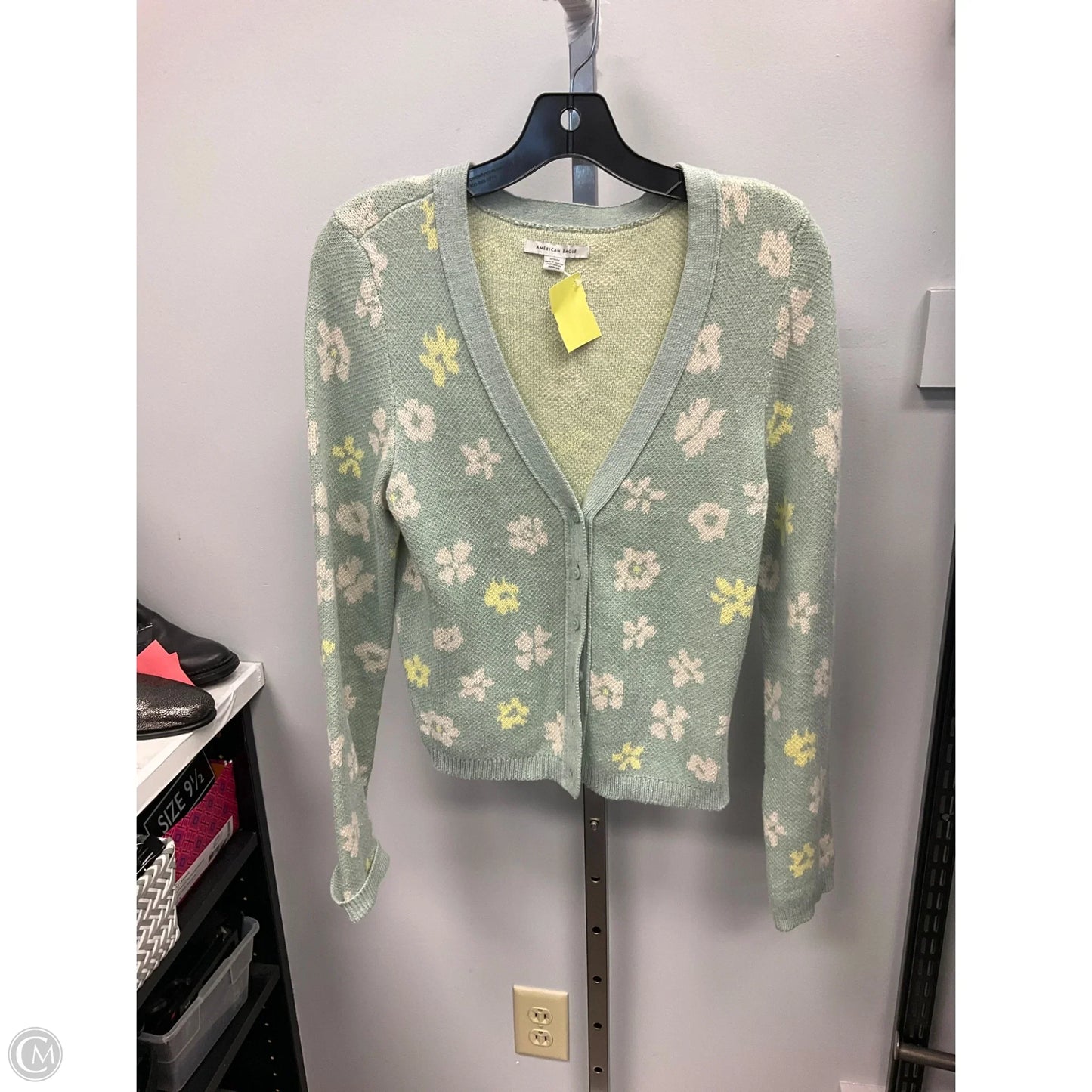 Sweater Cardigan By American Eagle In Green & Yellow, Size: M
