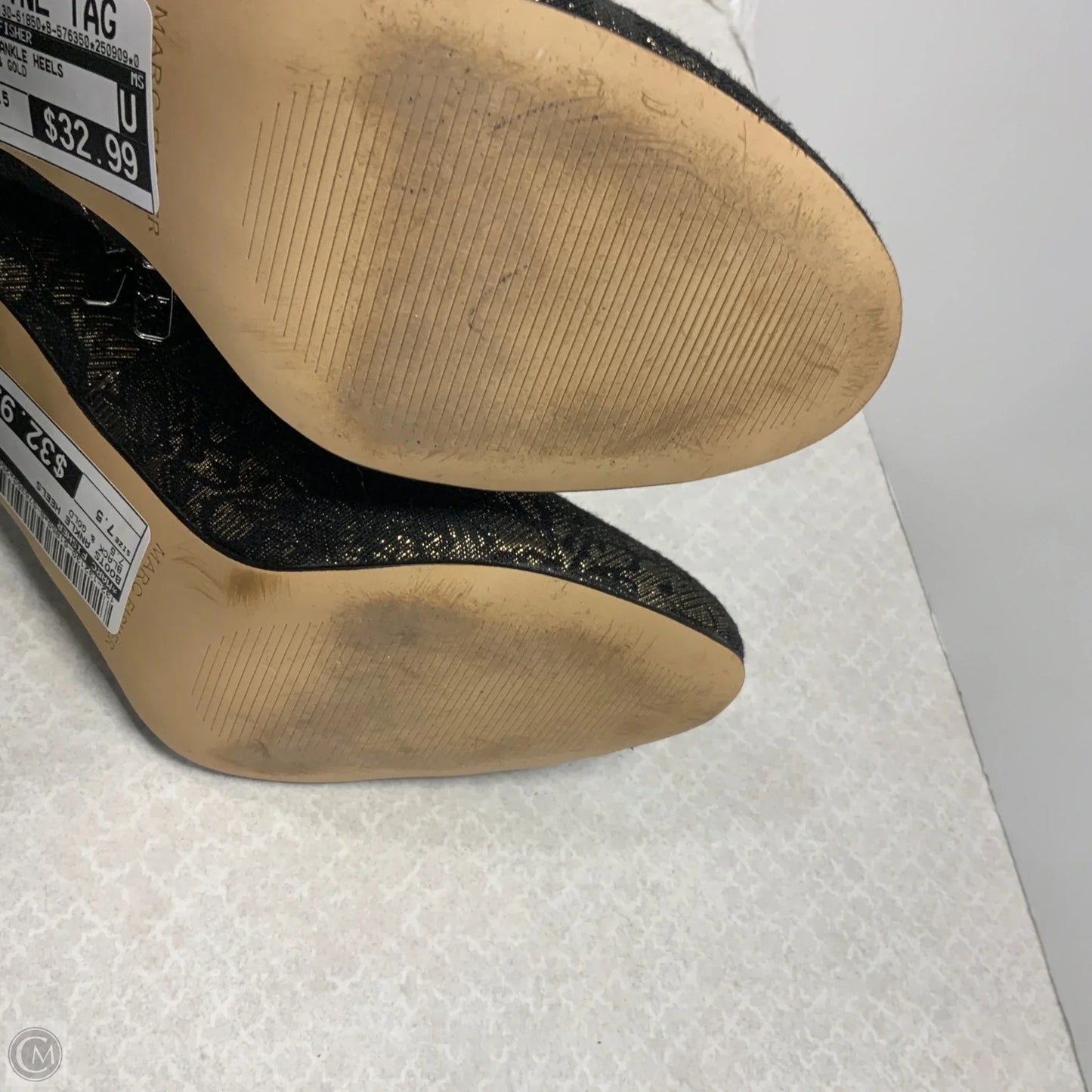 Boots Ankle Heels By Marc Fisher In Black & Gold, Size: 7.5