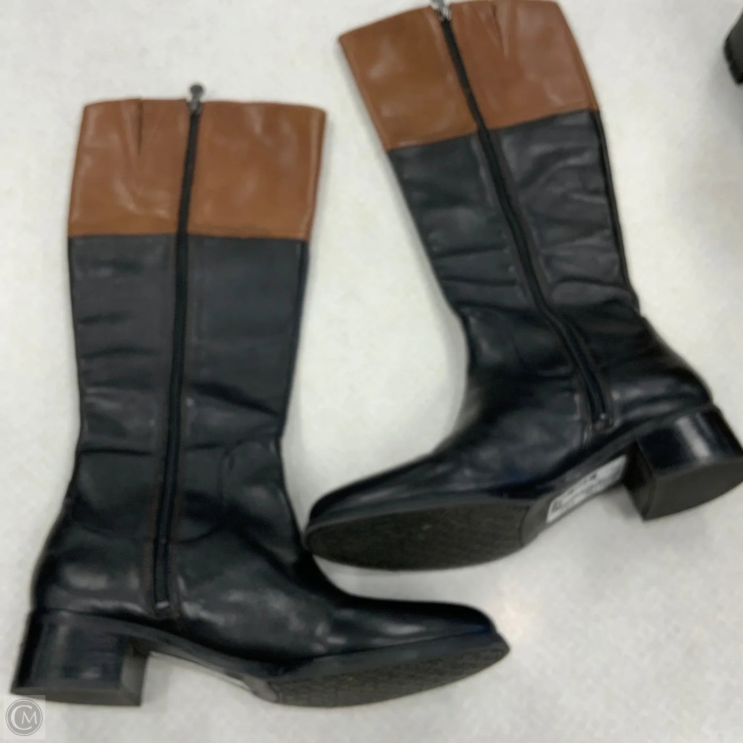 Boots Knee Heels By Etienne Aigner In Black & Brown, Size: 9.5