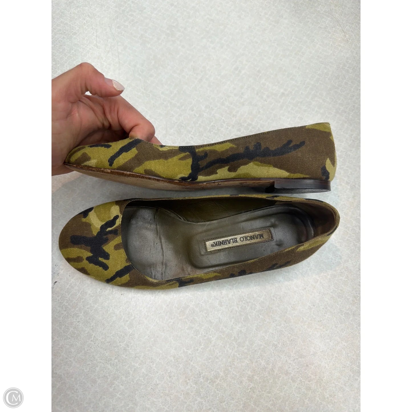 Shoes Luxury Designer By Manolo Blahnik In Camouflage Print, Size: 7.5