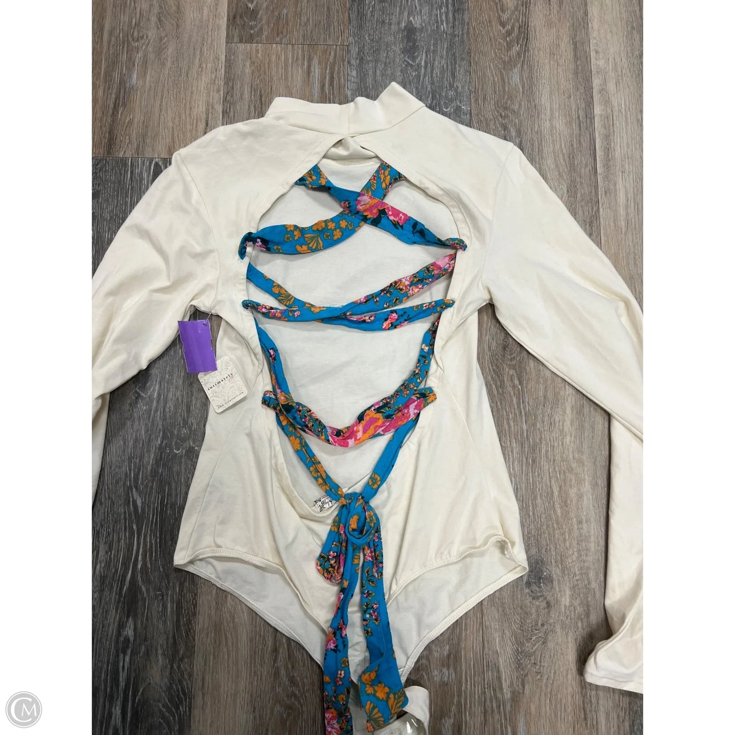 Top Long Sleeve Bodysuit By Free People In Blue & Cream, Size: L
