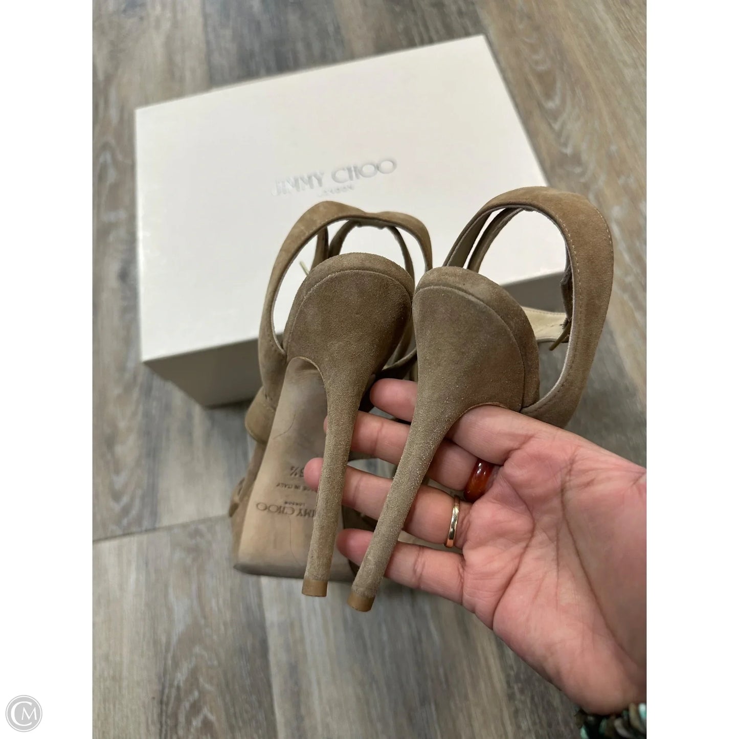 -Shoes Luxury Designer By Jimmy Choo In Tan, Size: 6.5