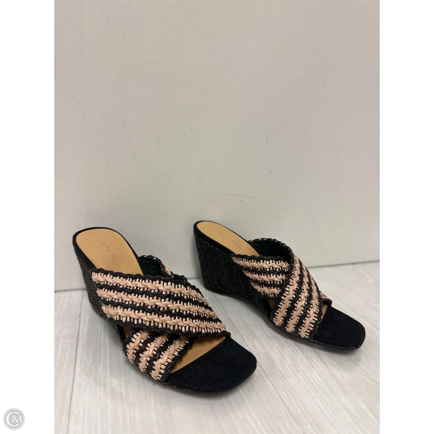 Sandals Heels Wedge By Nine West In Black & Cream, Size: 9