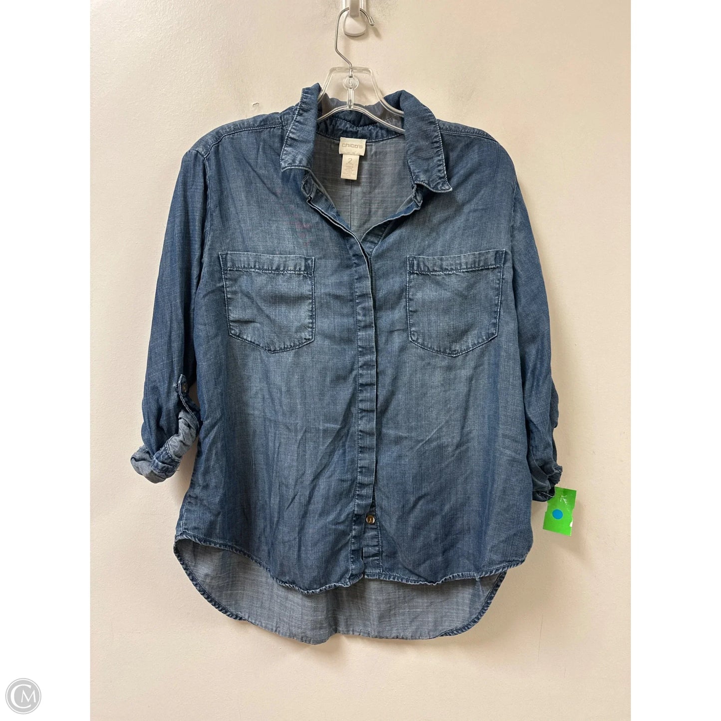 Blouse Long Sleeve By Chicos In Blue Denim, Size: Lp