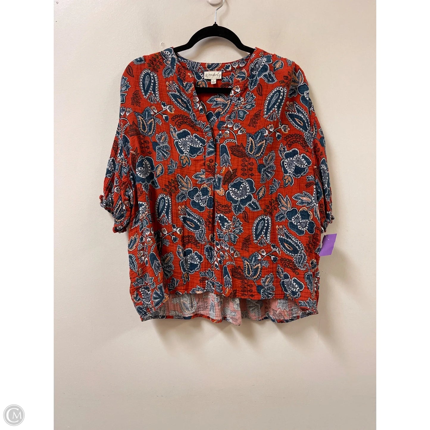 Blouse Short Sleeve By Wonderly In Blue & Orange, Size: L