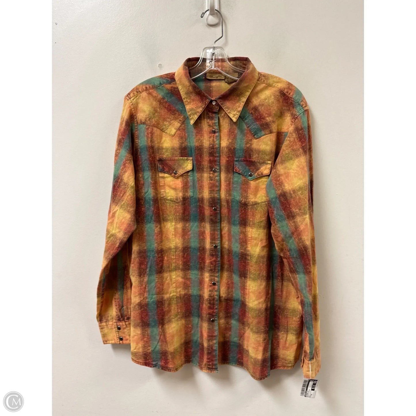 Blouse Long Sleeve By Wrangler In Blue & Yellow, Size: Xl