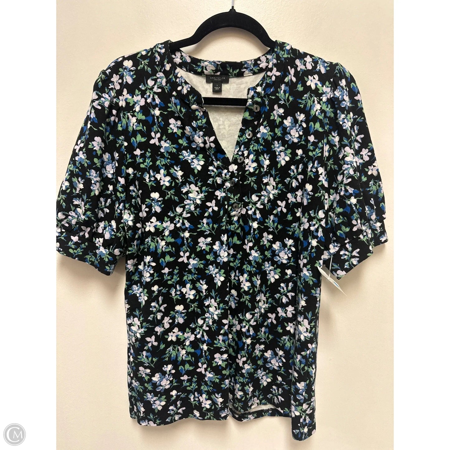 Top Short Sleeve By Ann Taylor In Black & Blue, Size: L