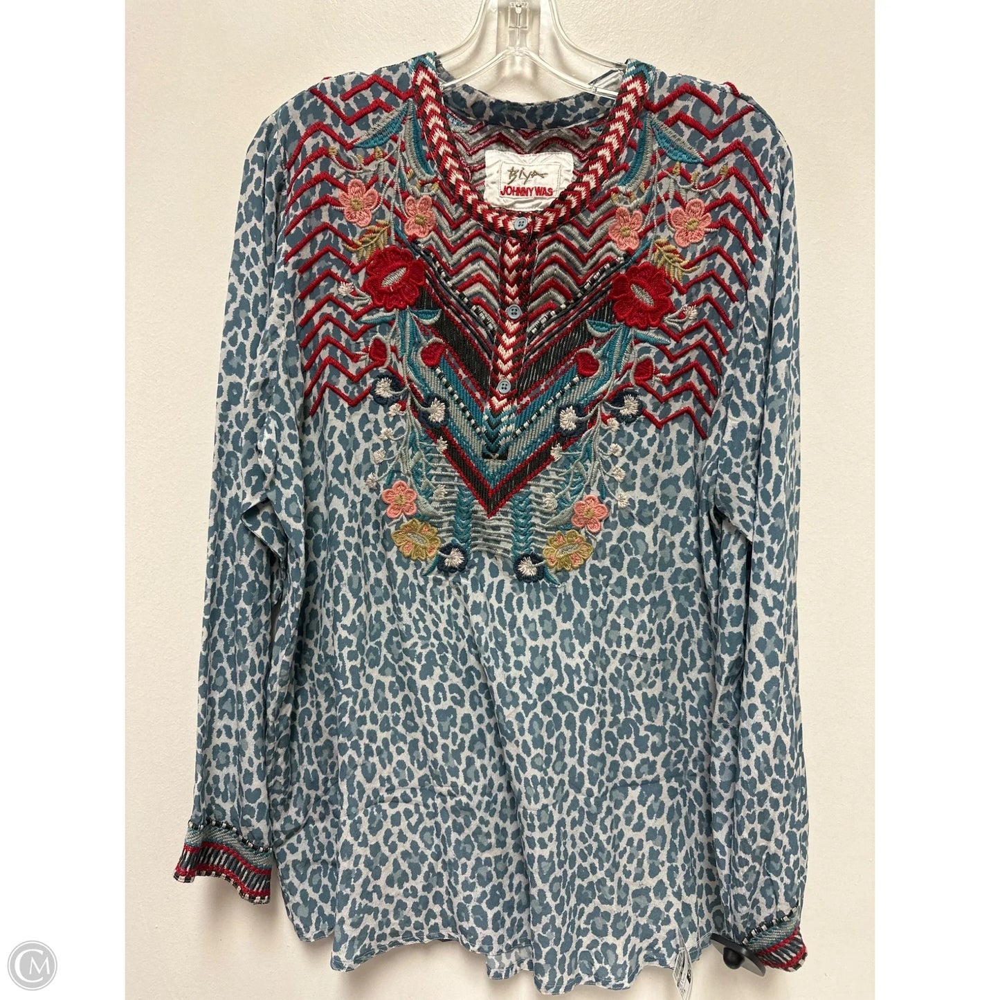 Top Long Sleeve By Johnny Was In Blue & White, Size: M