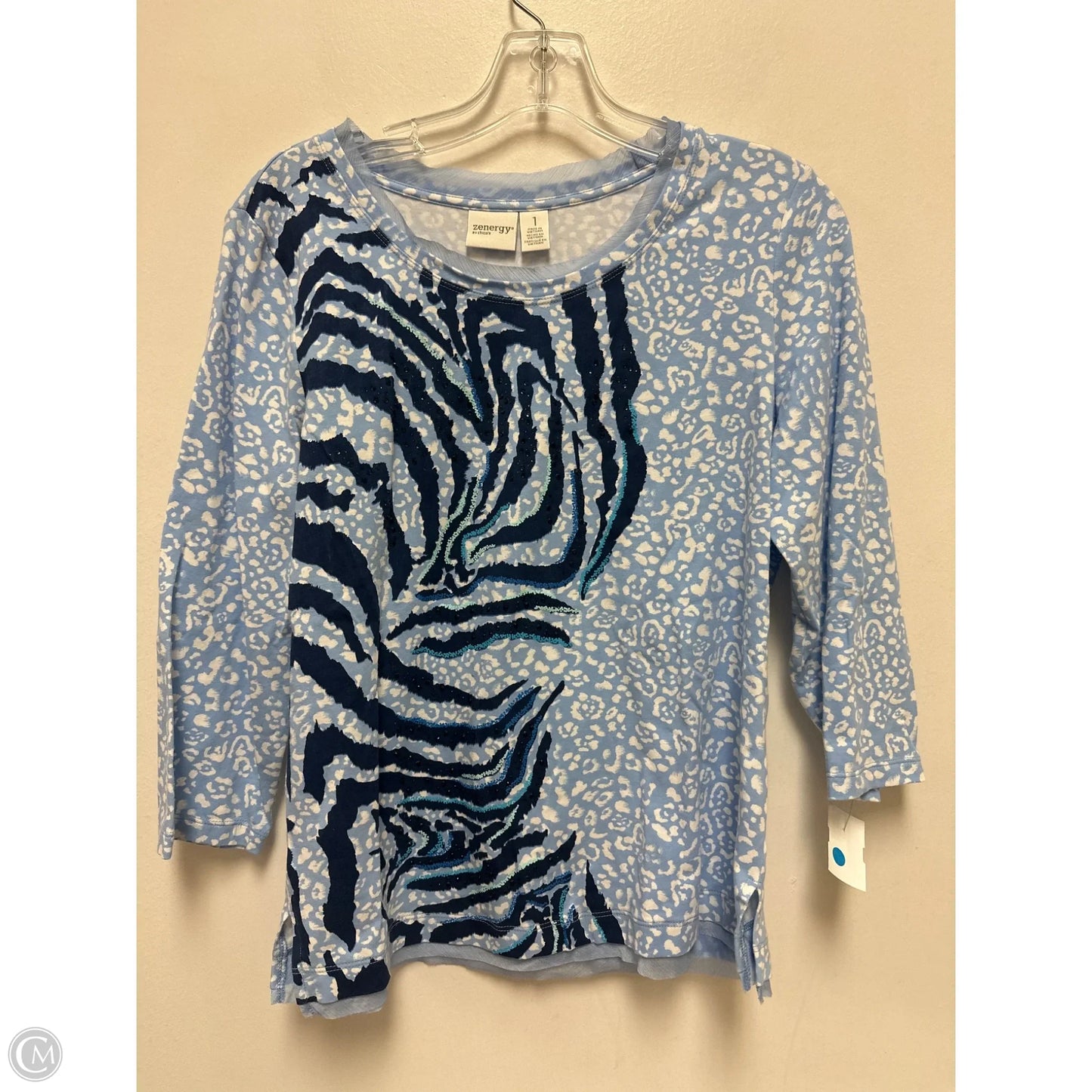 Top Long Sleeve By Chicos In Blue & White, Size: M