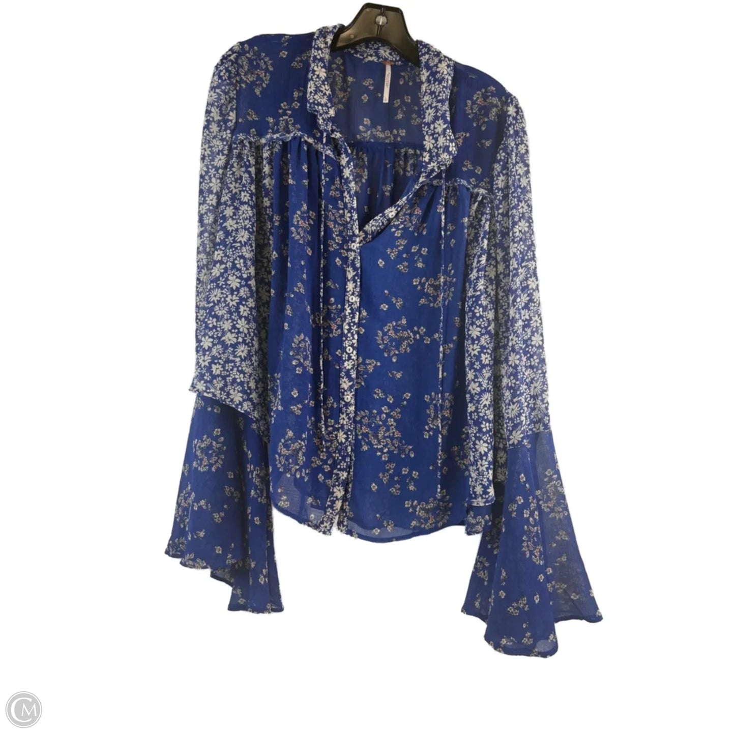 Top Long Sleeve By Free People In Blue & White, Size: L