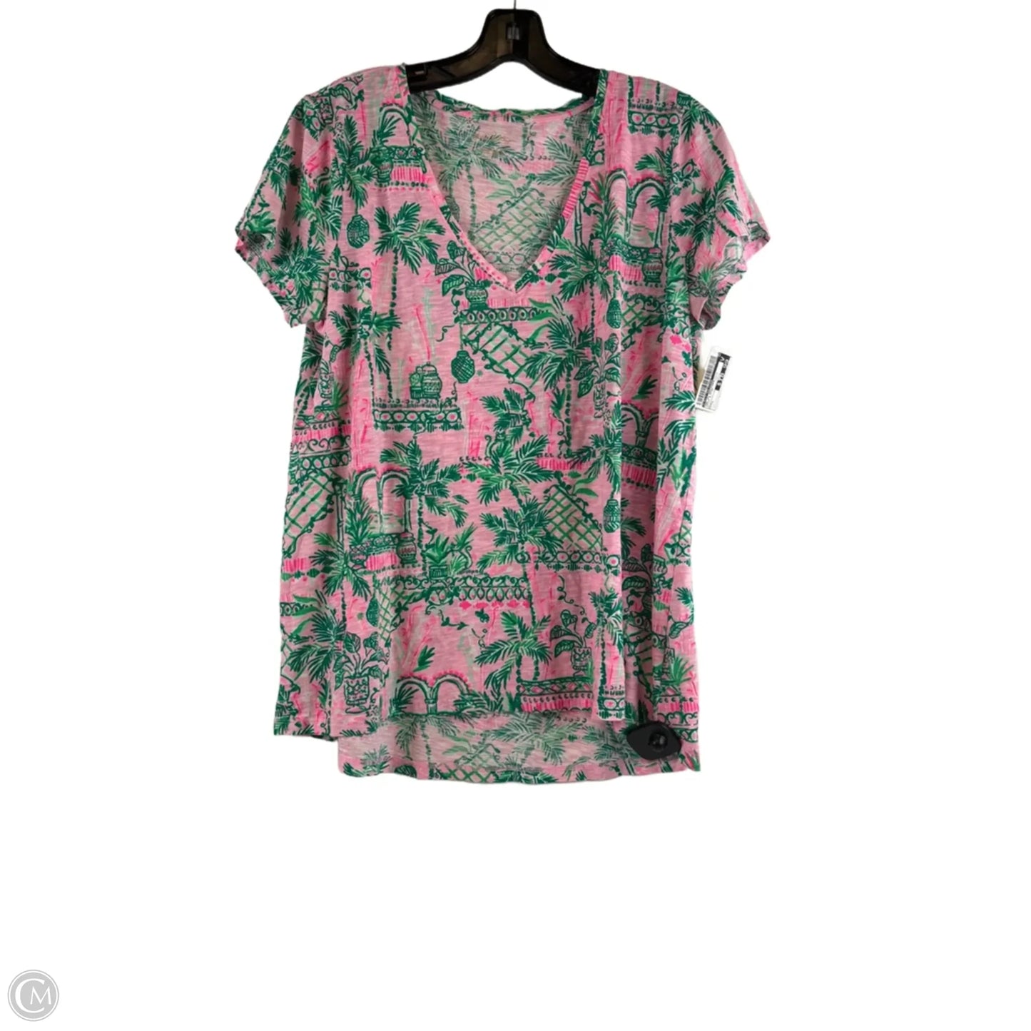Top Short Sleeve Designer By Lilly Pulitzer In Green & Pink, Size: L