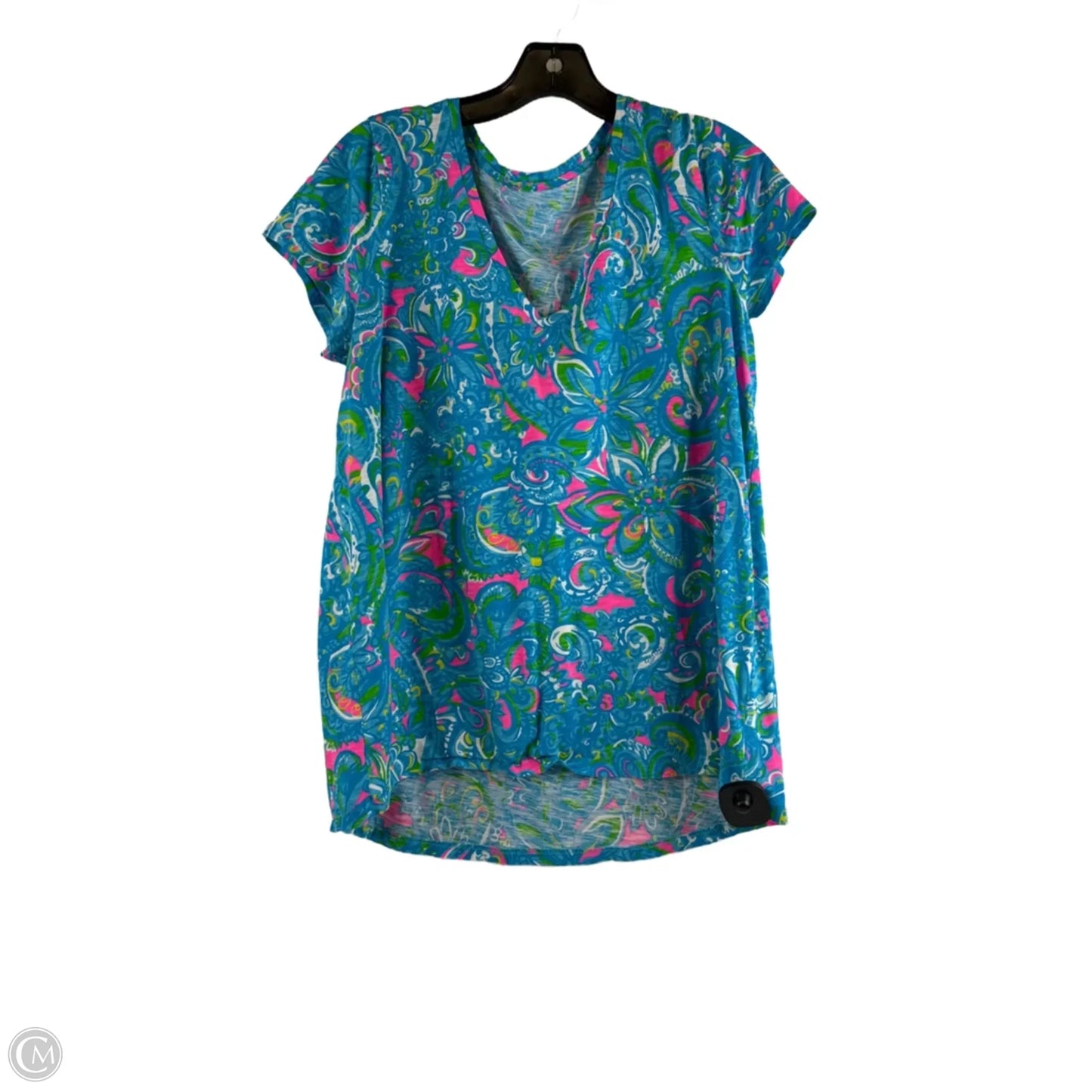 Top Short Sleeve Designer By Lilly Pulitzer In Blue & Pink, Size: L