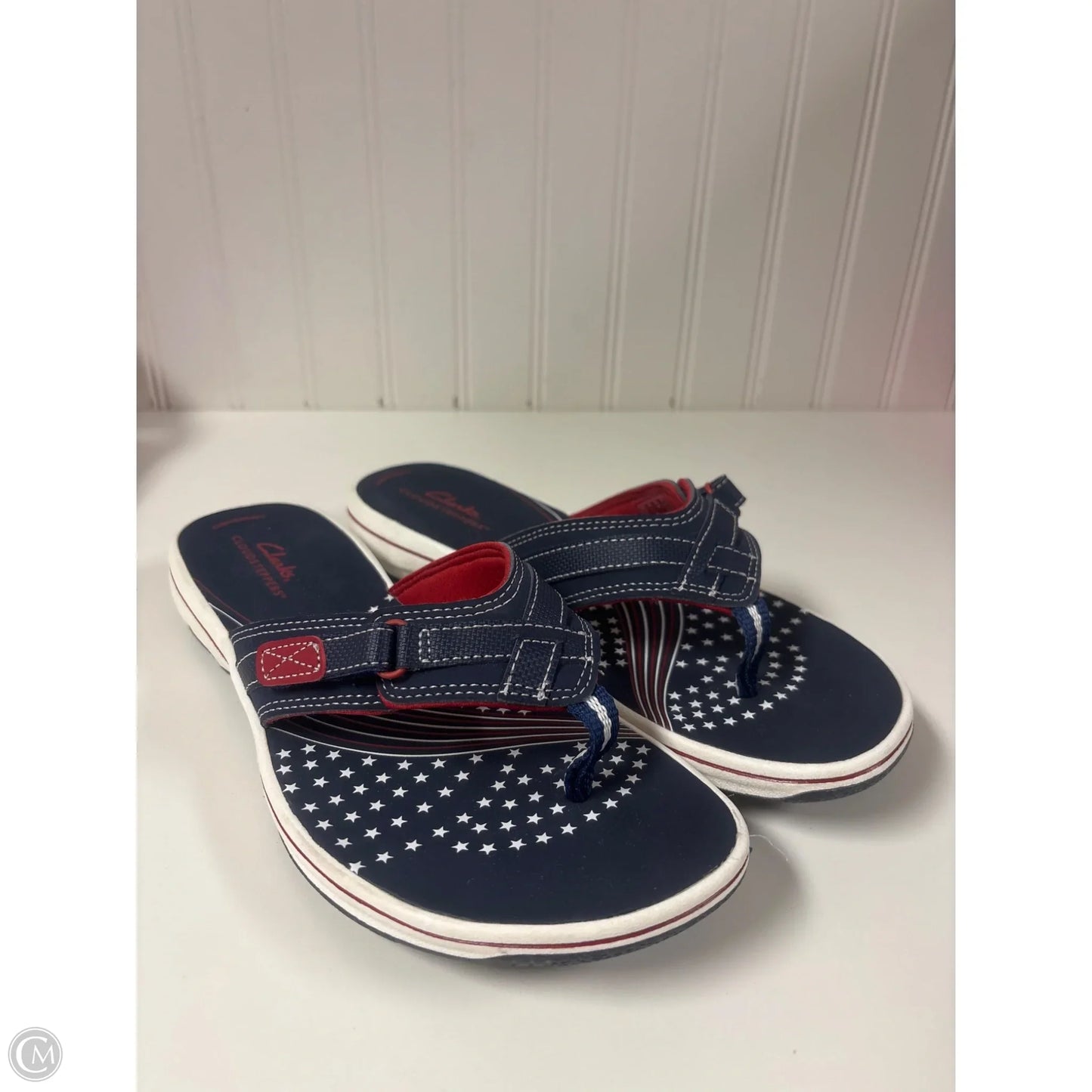 Sandals Flip Flops By Clarks In Blue & Red & White, Size: 8