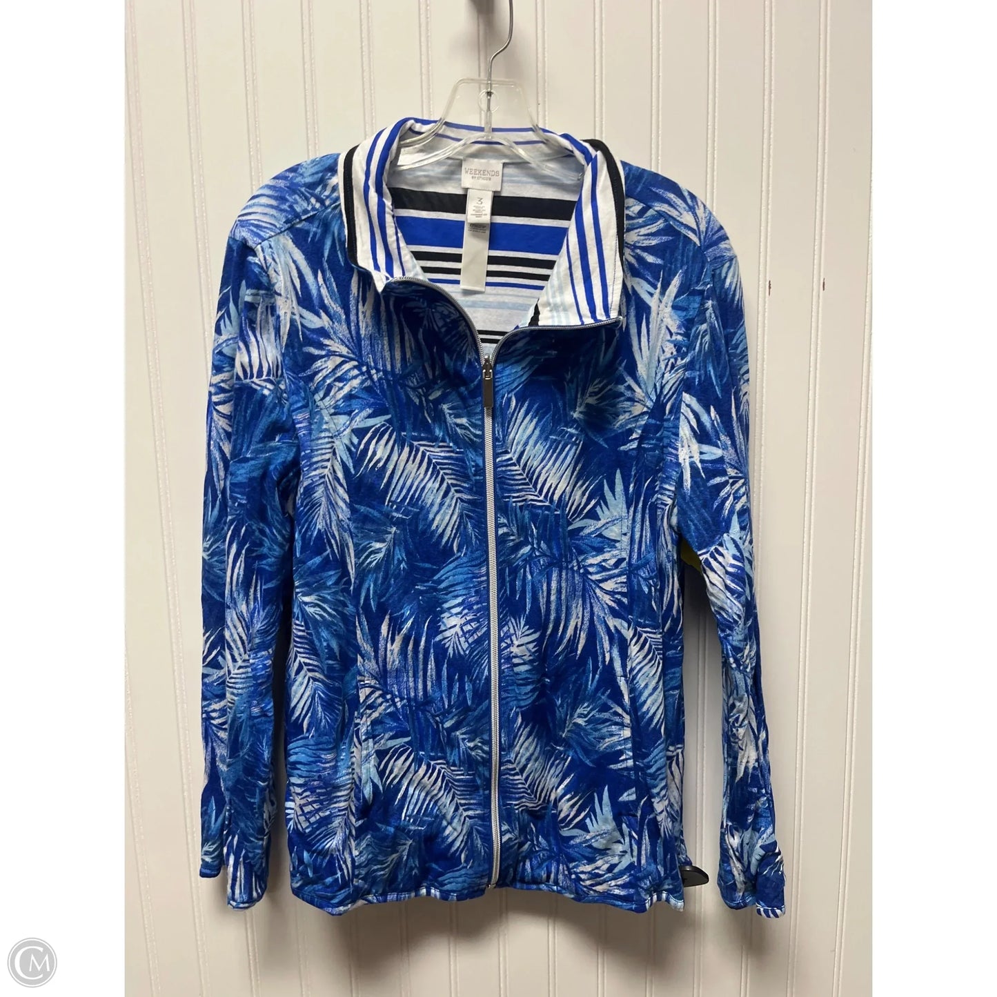 Athletic Jacket By Chicos In Blue & White, Size: Xl