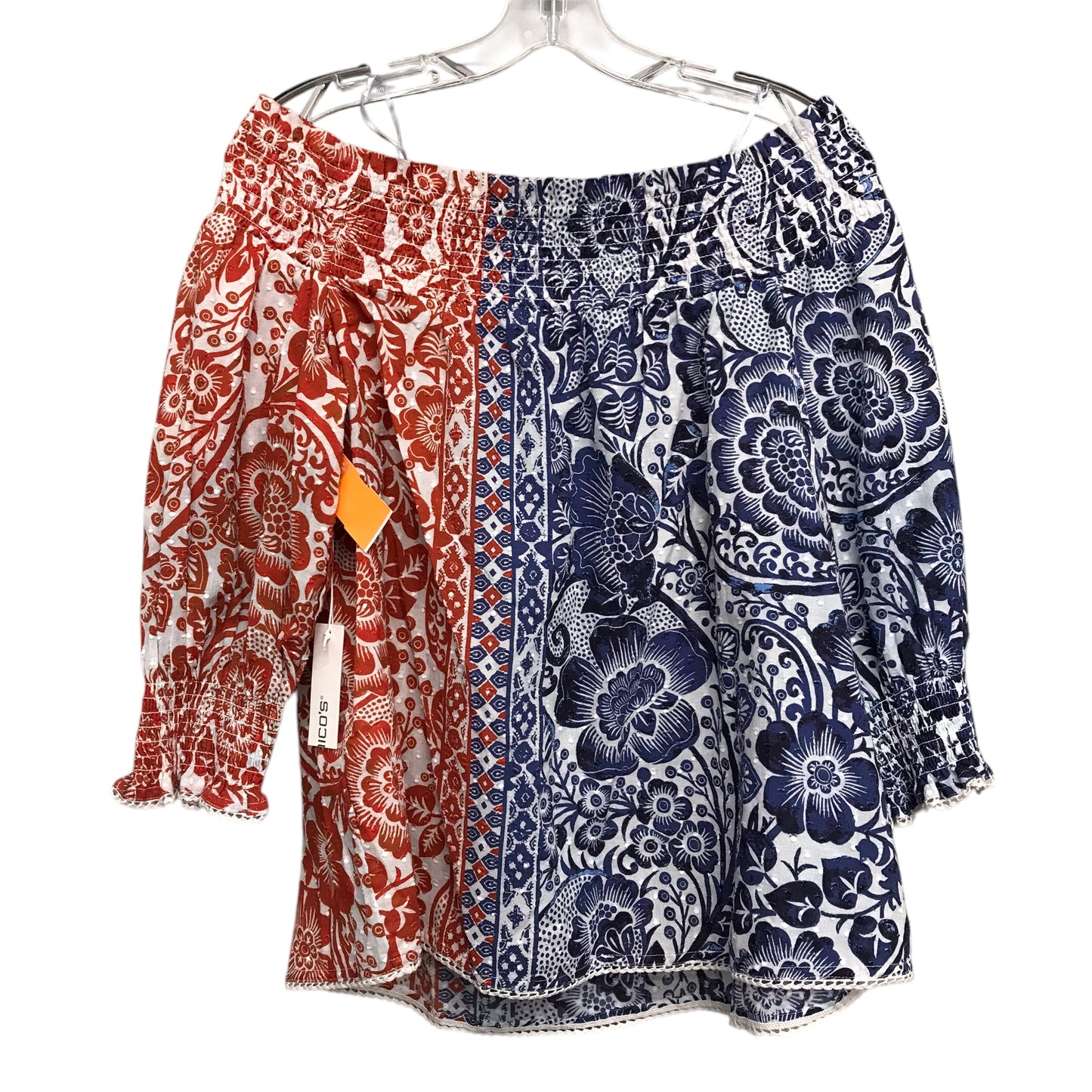 Top 3/4 Sleeve By Chicos In Blue & Red & White, Size:S