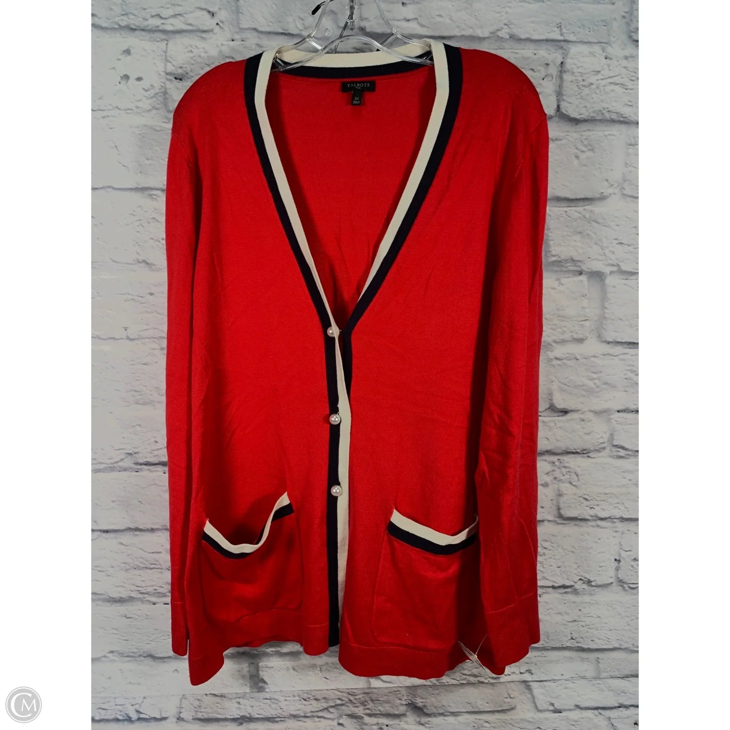 Sweater Cardigan By Talbots In Blue & Red & White, Size: 2x