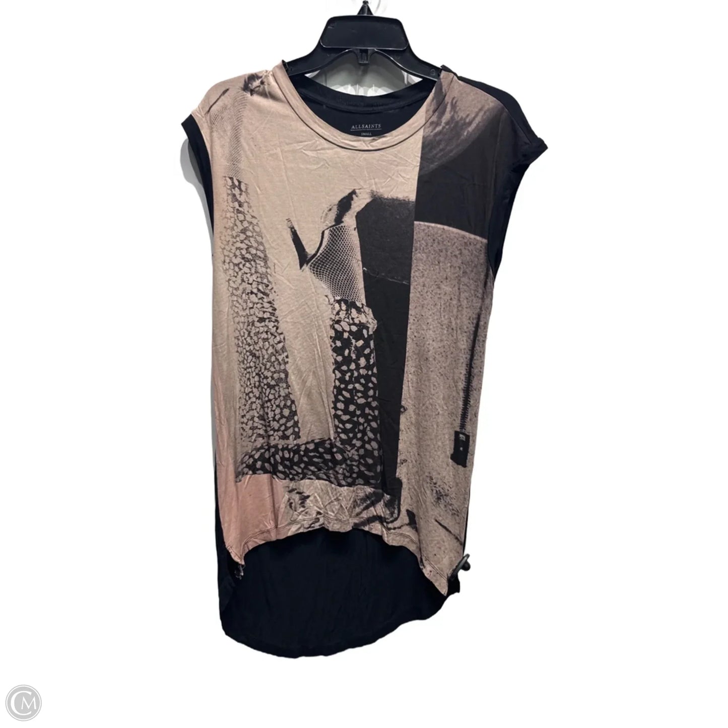 Top Short Sleeve Designer By All Saints In Black & Tan, Size: S