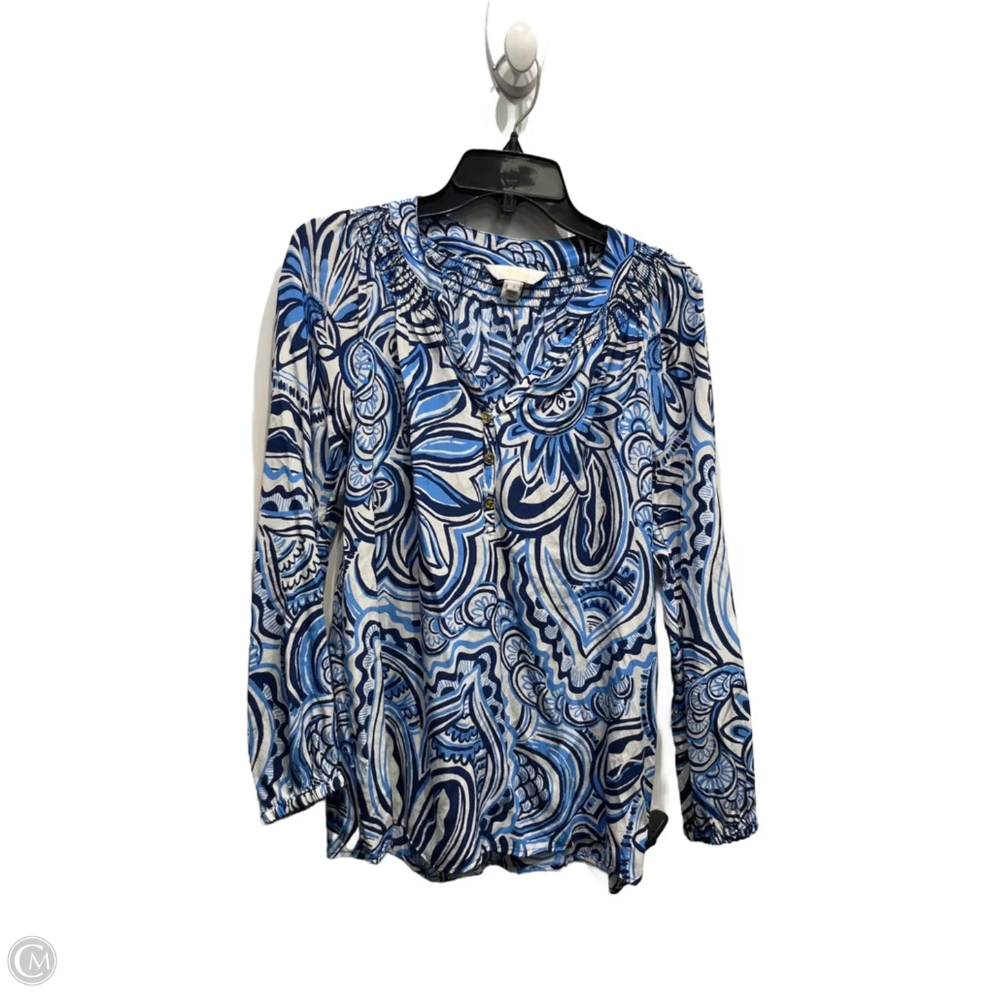 Top Long Sleeve Designer By Lilly Pulitzer In Blue & White, Size: S