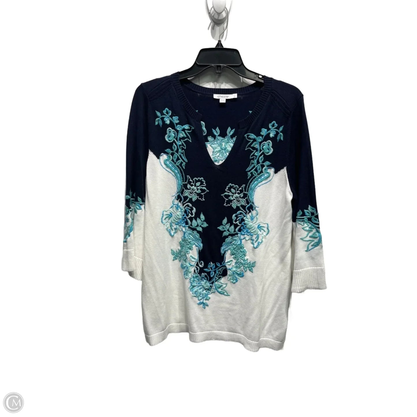 Sweater By Chicos In Blue & White, Size: M