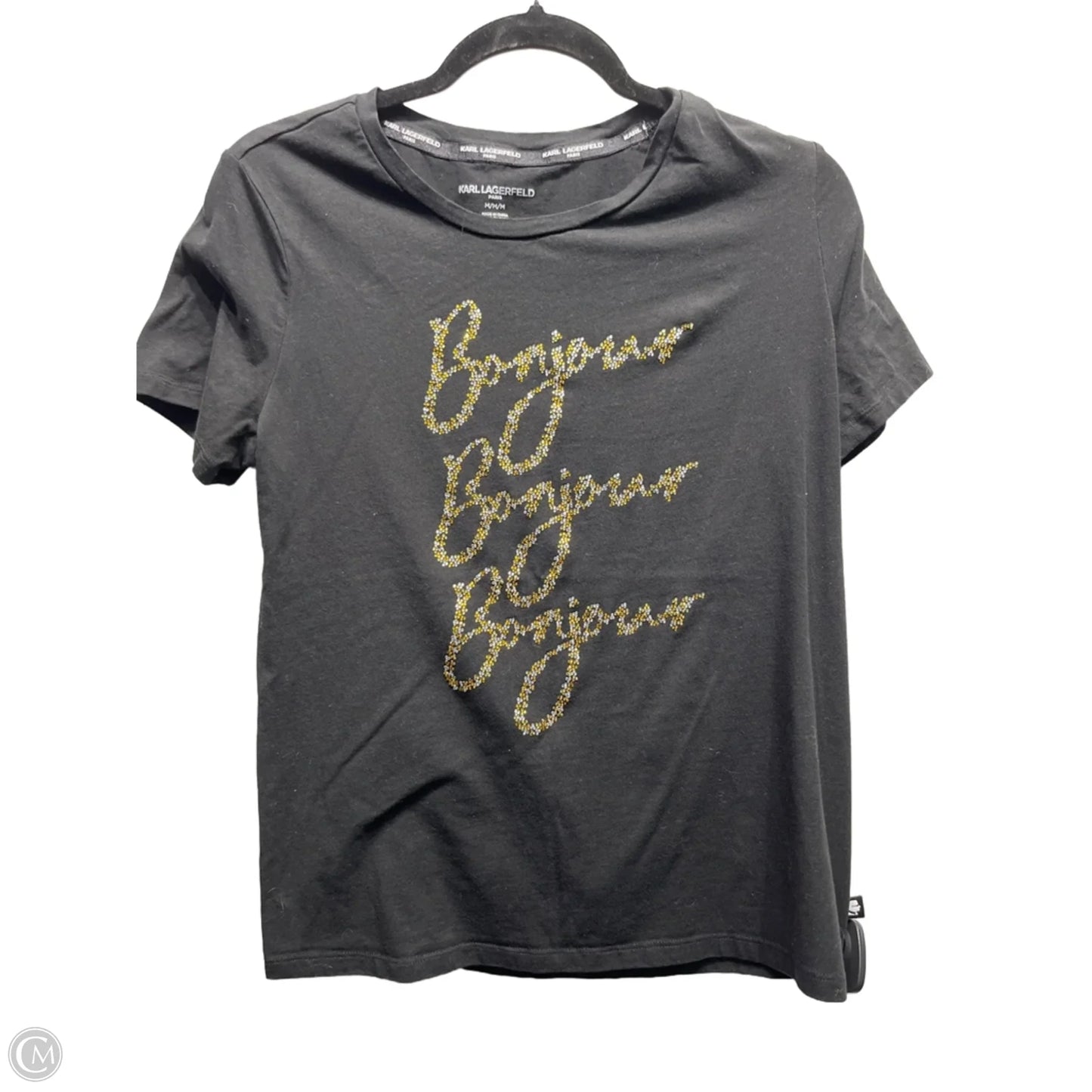 Top Short Sleeve Designer By Karl Lagerfeld In Black & Gold, Size: M