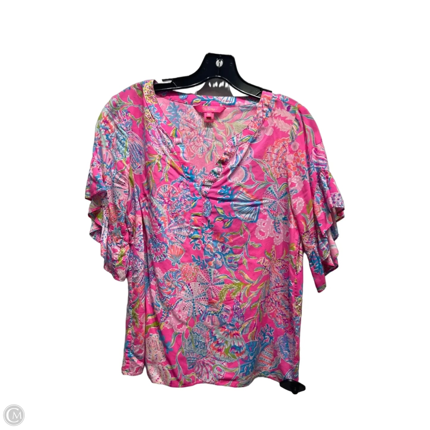 Top Short Sleeve Designer By Lilly Pulitzer In Blue & Pink, Size: Xs