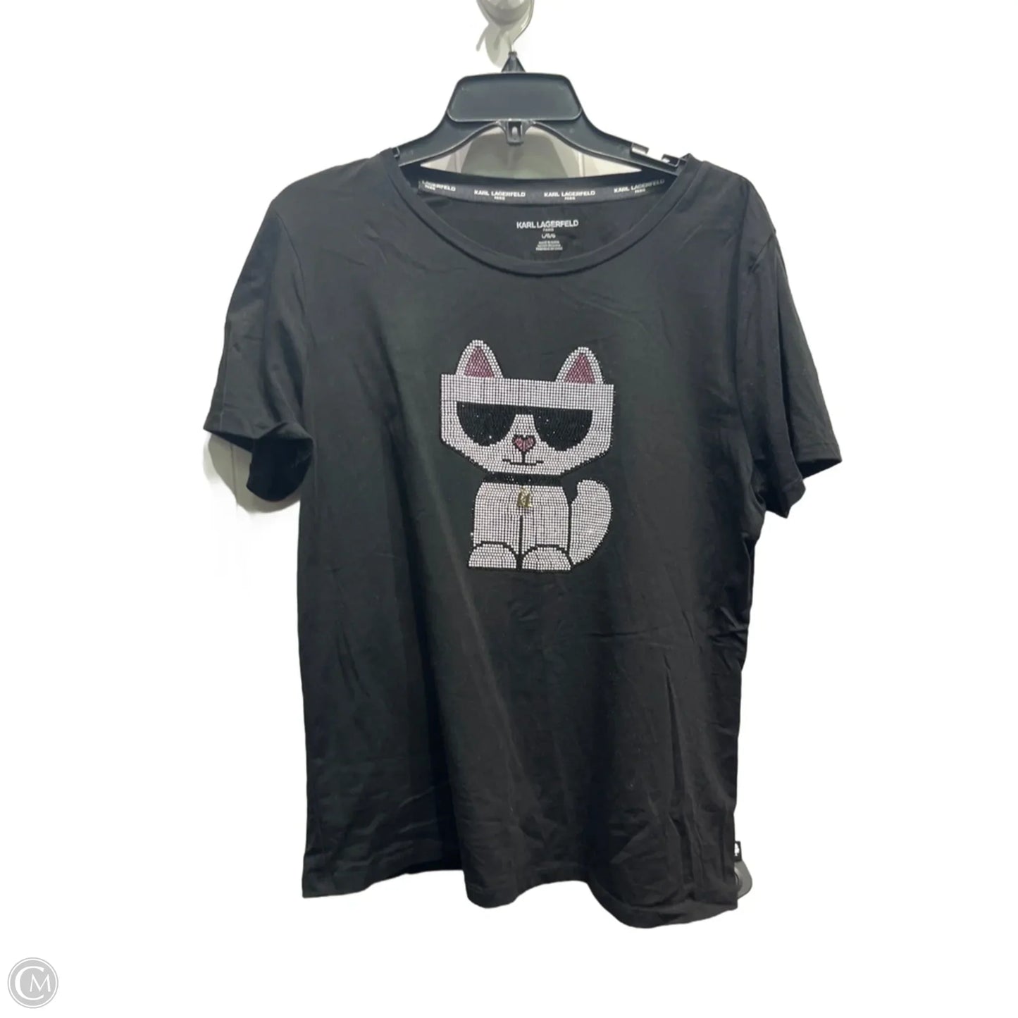 Top Short Sleeve Designer By Karl Lagerfeld In Black & Pink, Size: L