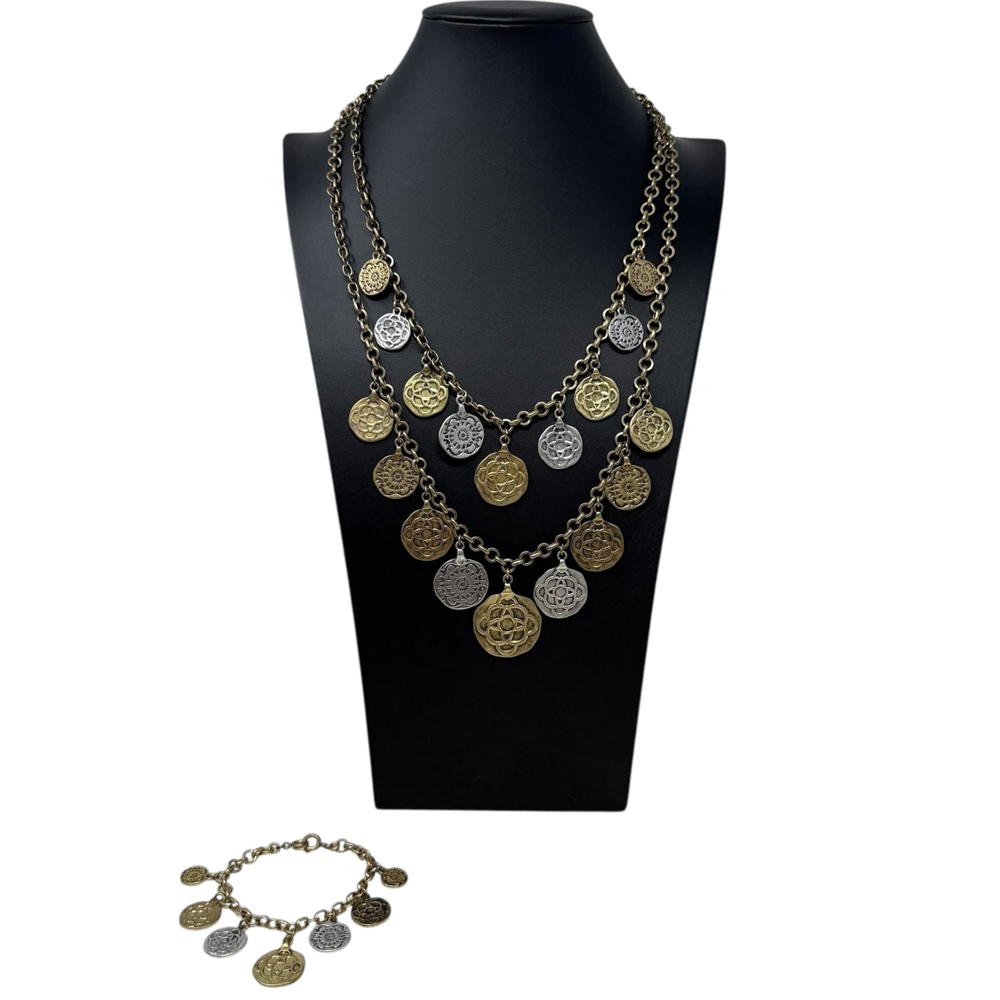 Gold & Silver Tone Coin Charm Convertible Three Section Necklace & Bracelet Set By Cabi