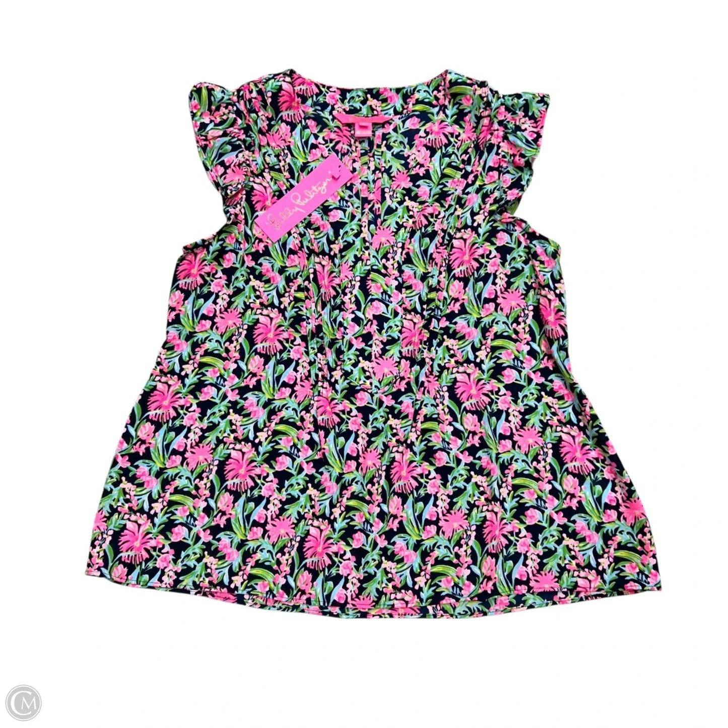 Top Short Sleeve Designer By Lilly Pulitzer In Green & Pink, Size: S