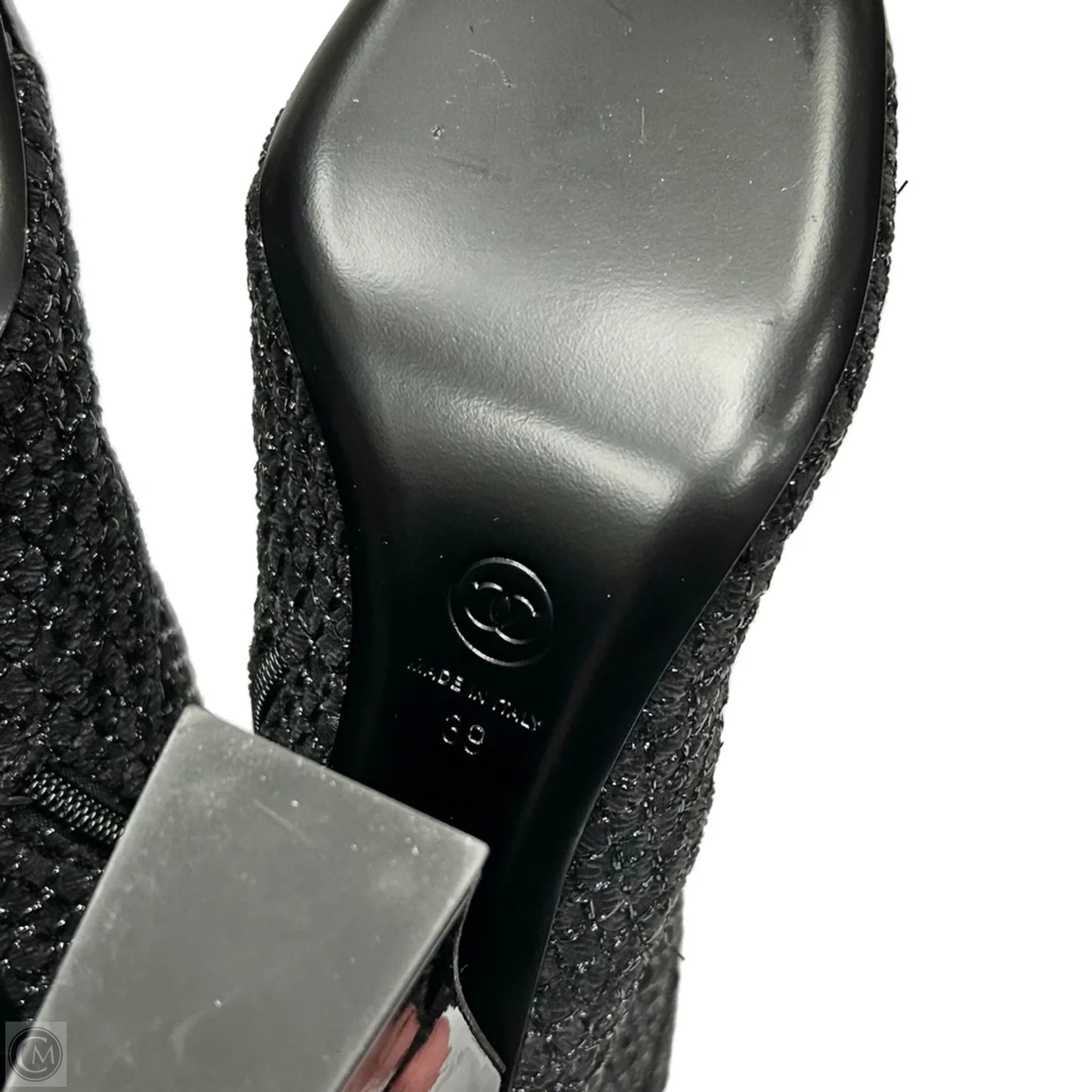 Boots Luxury Designer By Chanel In Black & Silver, Size: 9