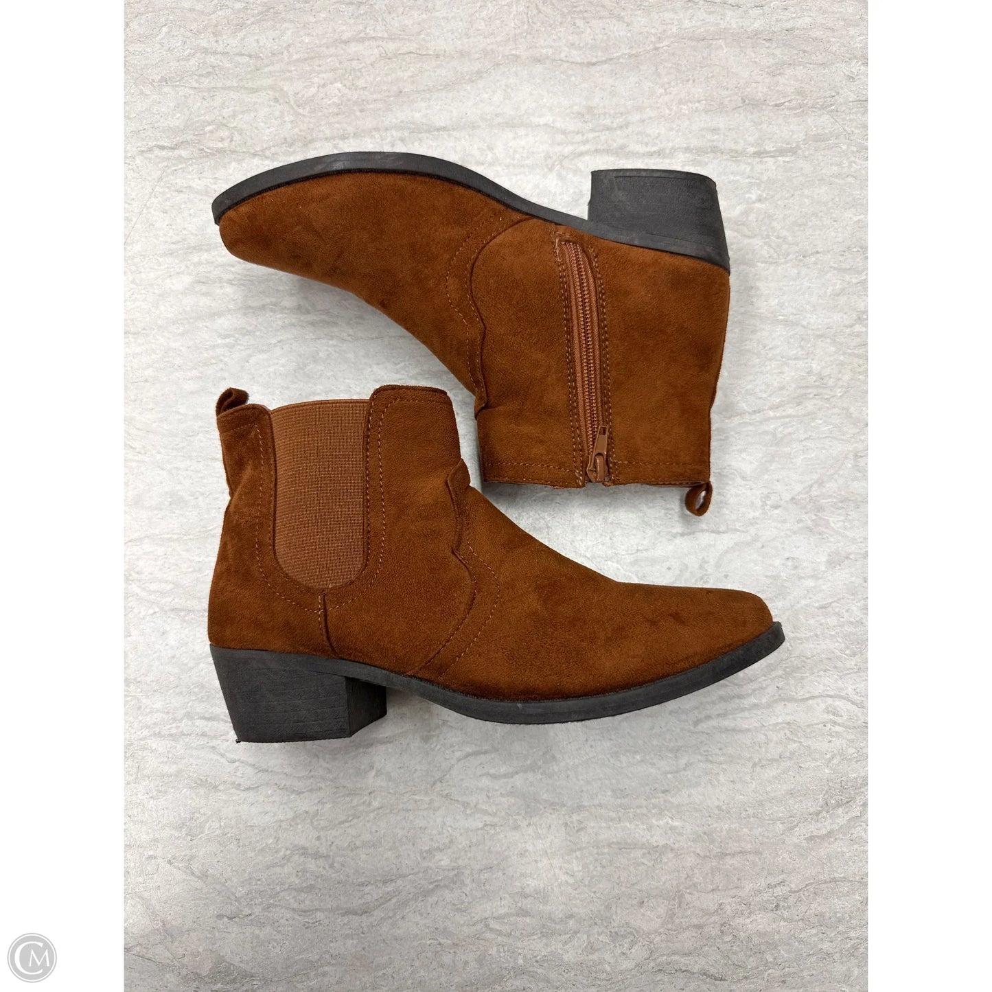 Boots Ankle Heels By Just Be In Brown, Size: 6