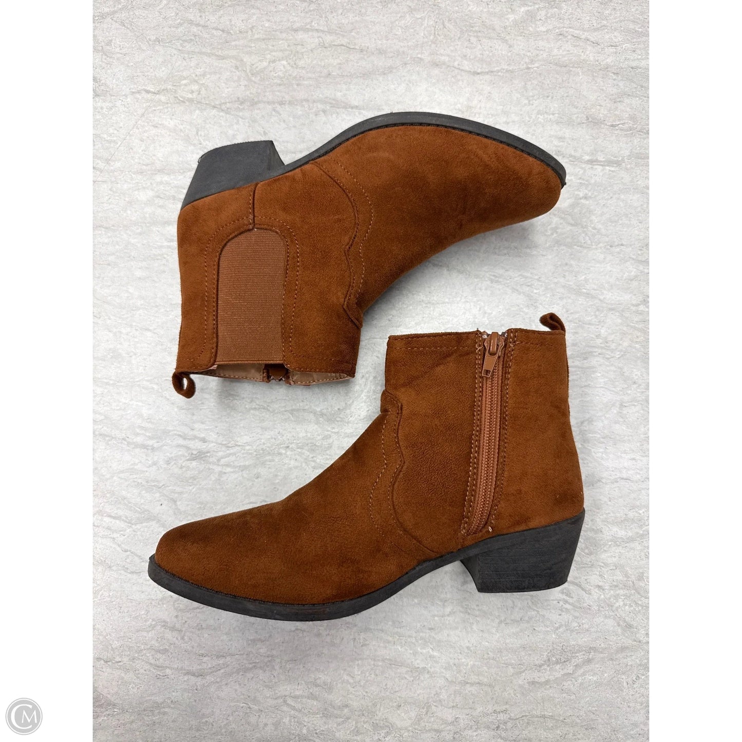 Boots Ankle Heels By Just Be In Brown, Size: 6