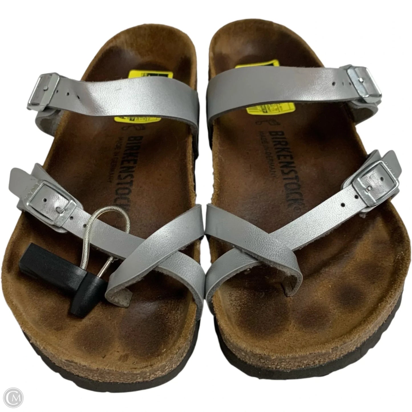 Sandals Flats By Birkenstock In Silver, Size: 7