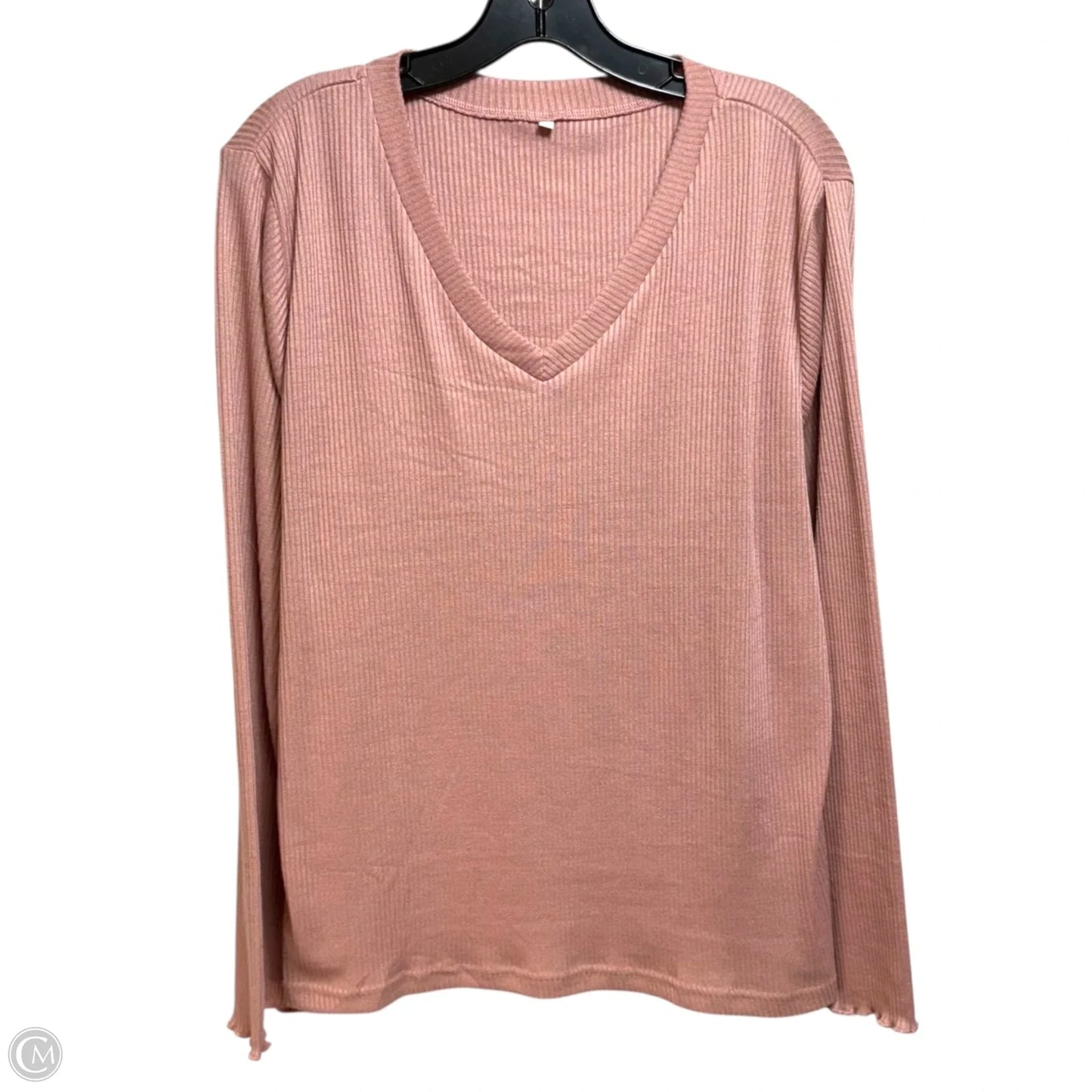 V Neck Ribbed Long Sleeve Top By Top Moda In Pink, Size: Xxl