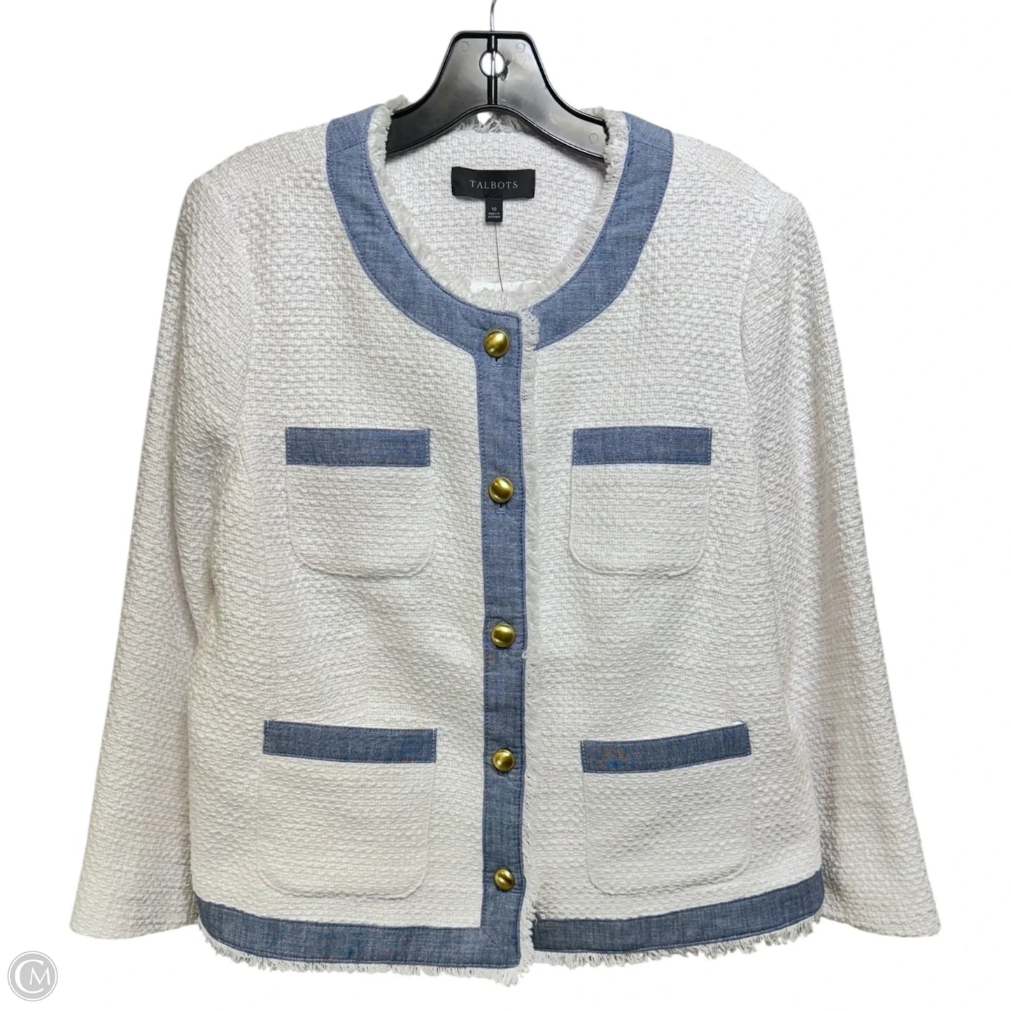 Tweed Denim Trim Blazer By Talbots In White, Size: 10