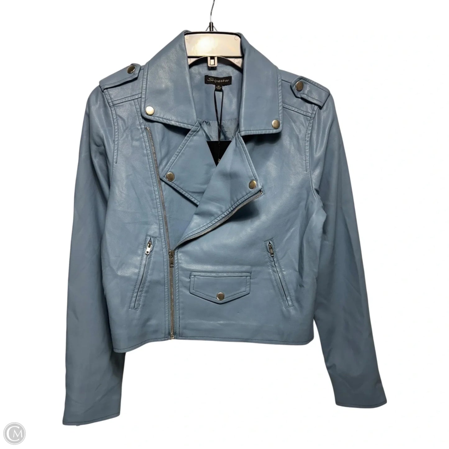 Faux Leather Jacket Moto By Shinestar In Blue, Size: M