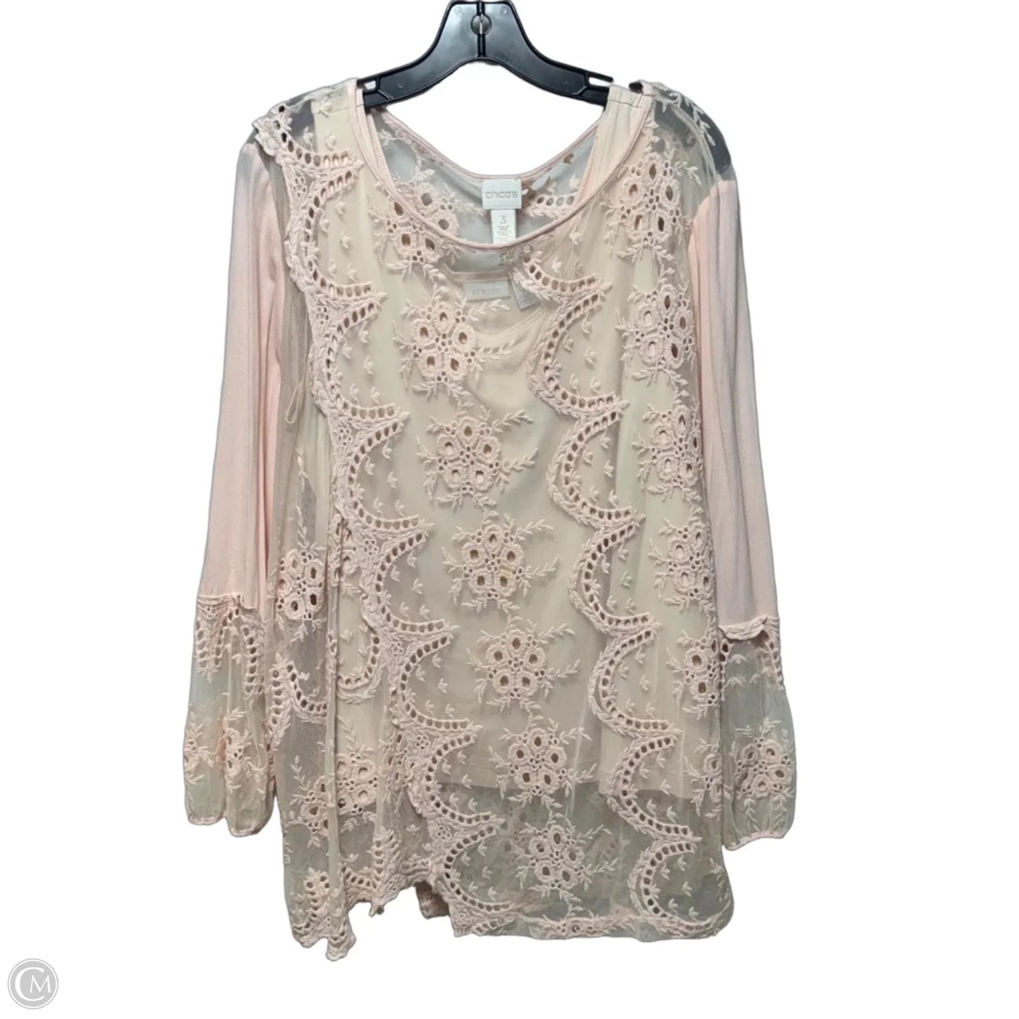 Lace Eyelet Top Long Sleeve By Chicos In Pink, Size: 16