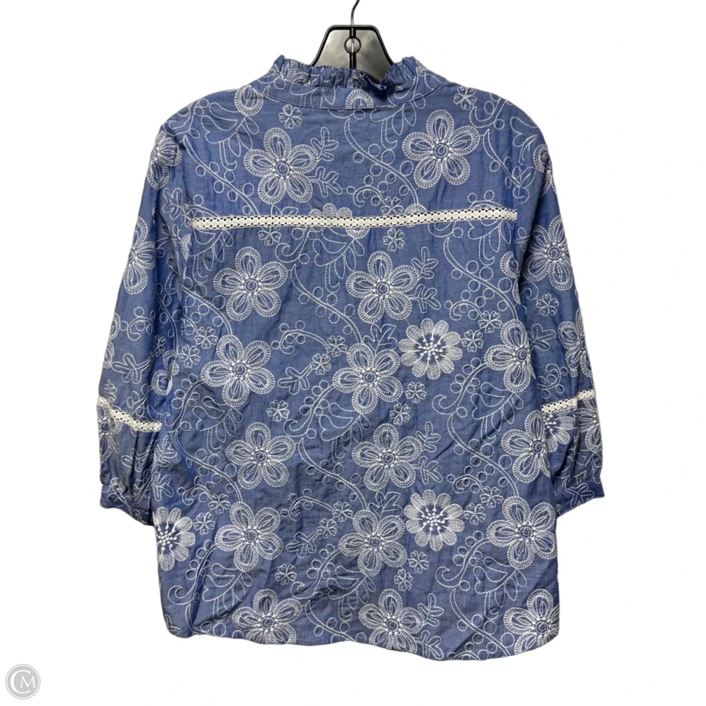 Embroidered Top 3/4 Sleeve By Sno Skins In Blue & White, Size: S