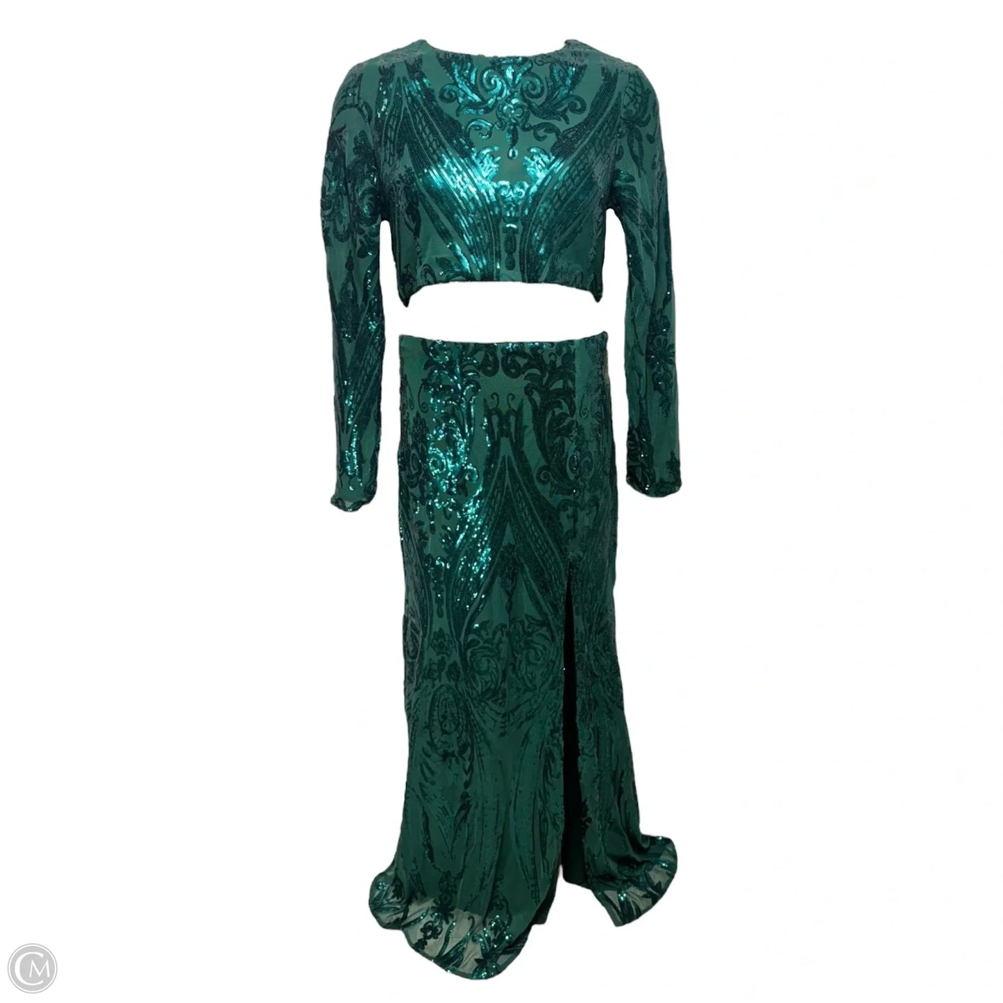 Luxe Aesthetic Green Sequin Long Sleeve Two-Piece Maxi Dress By Lulus In Green, Size: XL