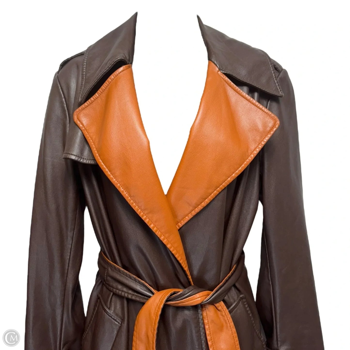 Vegan Leather Belted Trench Coat Designer By Derek Lam In Brown, Size: Xs