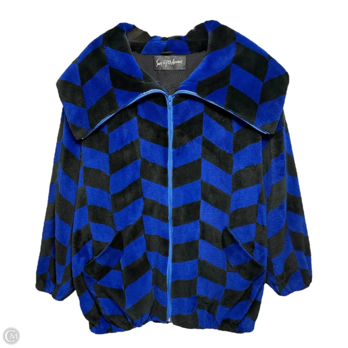 Vintage Dyed Sheared Beaver Fur Intarsia Jacket By Revillon X Saks Fifth Avenue In Black & Blue, Size: Xl