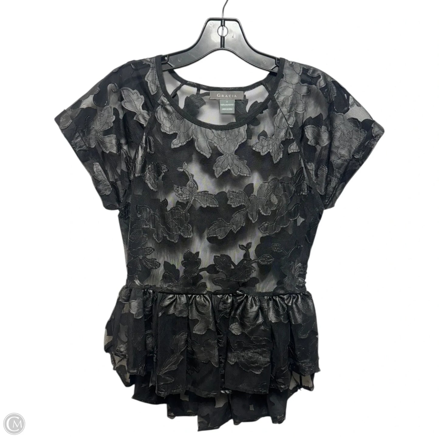 Floral Lace Mesh Peplum Blouse With Cap Sleeves By Gracia In Black, Size: S