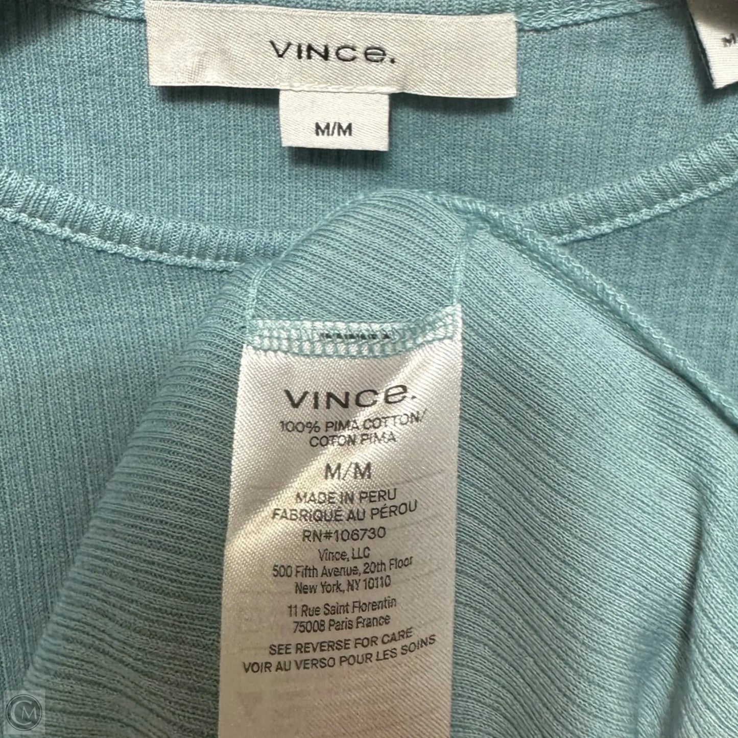 Pima Cotton Ribbed Top Long Sleeve By Vince In Aqua, Size: M