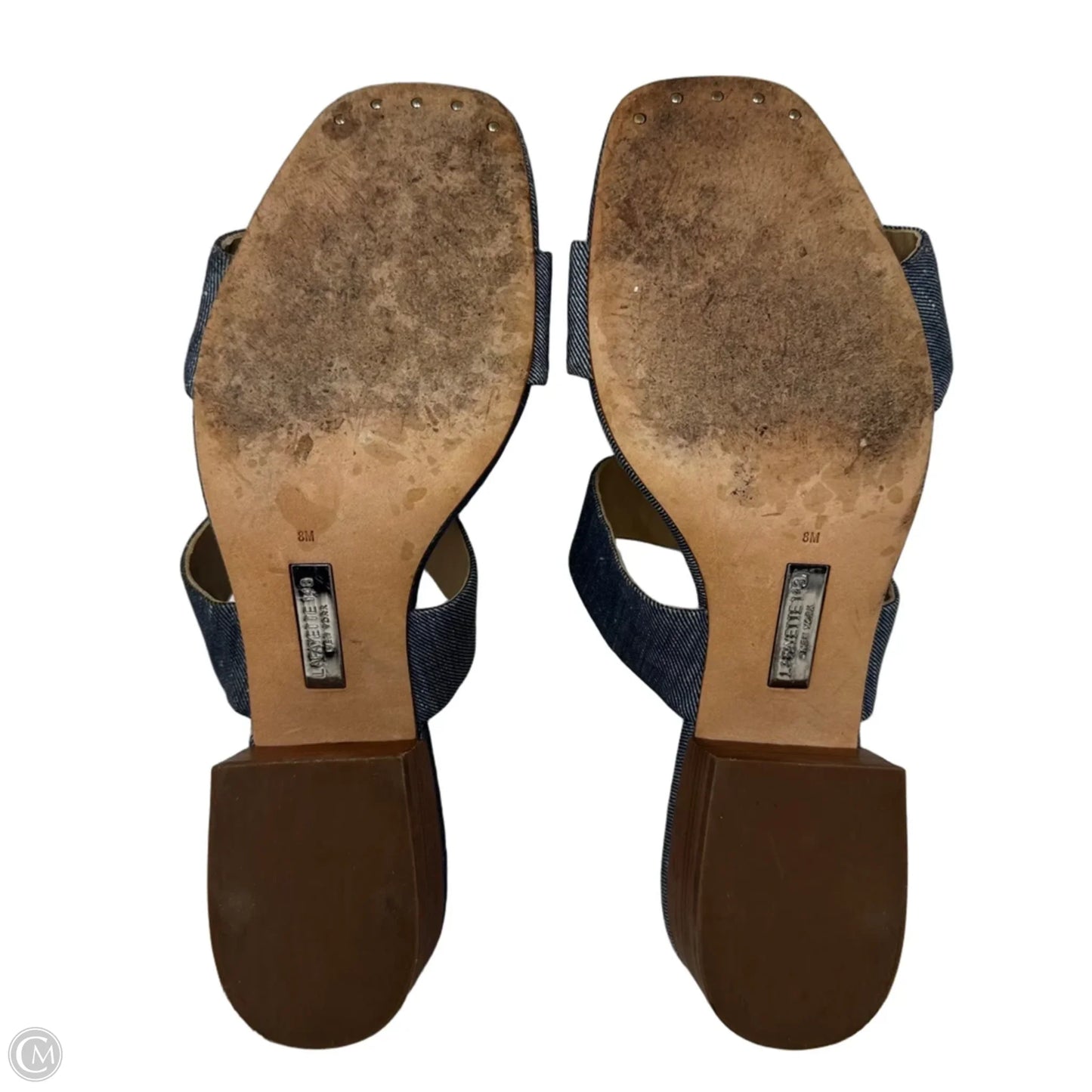 Denim Block Heel Slide Sandals Designer By Lafayette 148 In Blue, Size: 8