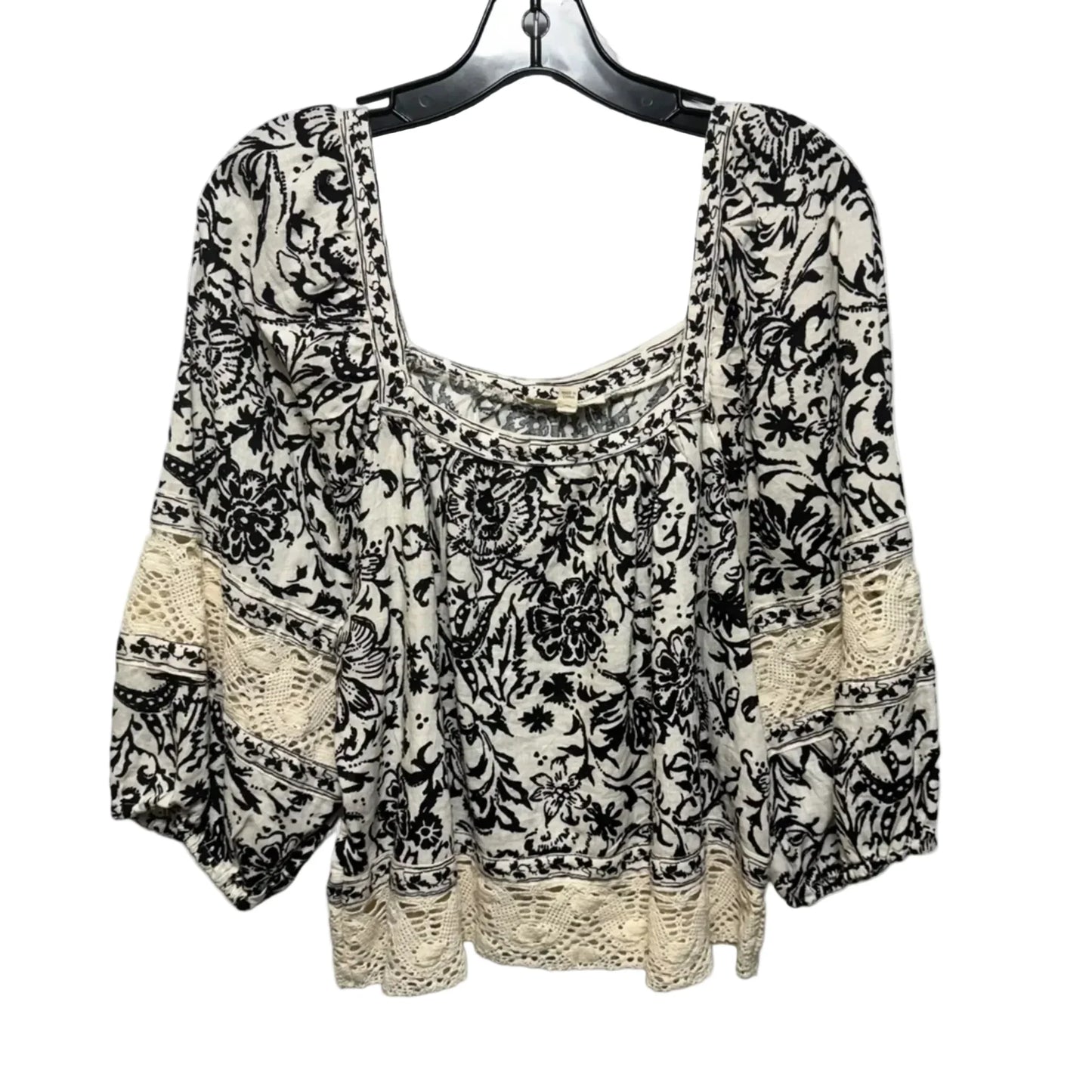 Crochet Lace Insert Peasant Top 3/4 Sleeve By Christian Siriano In Black & Cream, Size: M