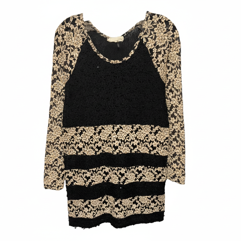 Floral Lace Knit Top Long Sleeve By A’reve X Anthropologie In Black & Tan, Size: L